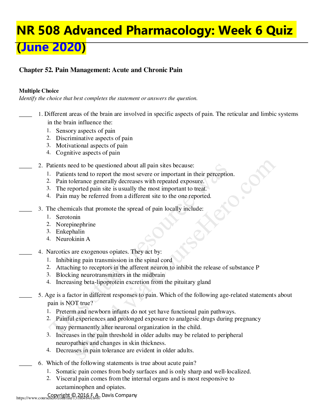 Preview image for NR 508 Advanced Pharmacology: Week 6 Quiz (June 2020)